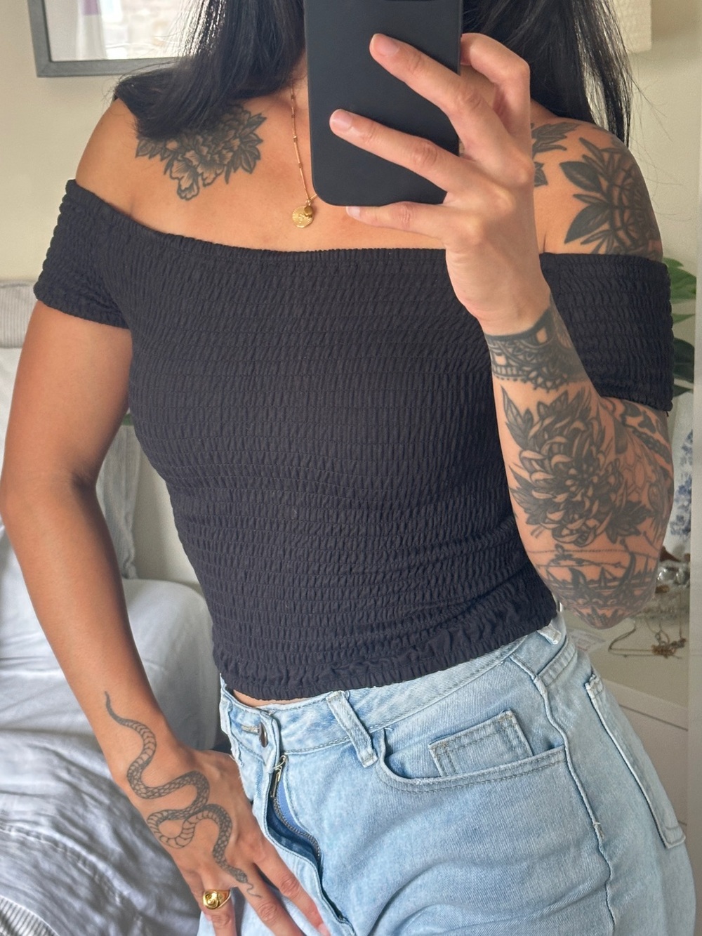 Off-Shoulder Smocked Black Women’s Crop Top